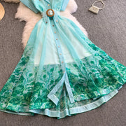 Summer Women Printed Long Dress Beach Vacation Notched Collar Single Breasted Short Sleeve A-Line Maxi Vestidos Female Robe
