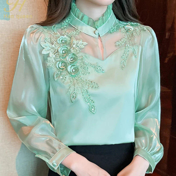 Elegant  Autumn Shirt Embroidery Beads Chiffon Simple Office Blouse Loose Tops Long Sleeve Casual Blouses Women