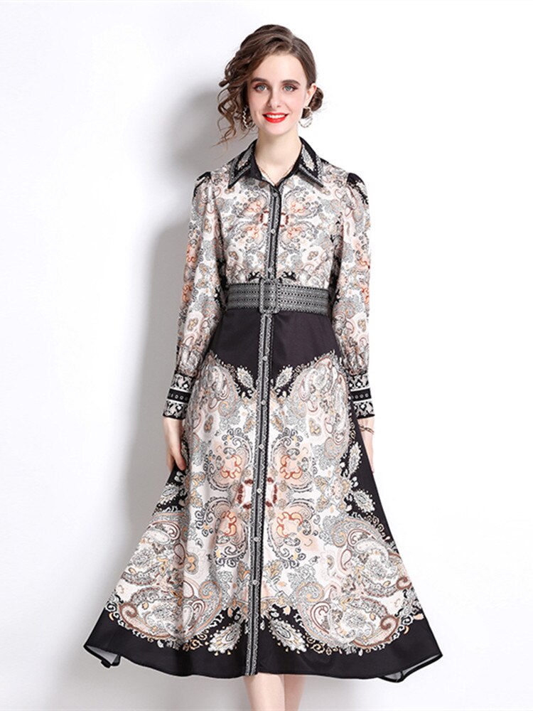 High Quality Flower Print Elegant Belted Long Flare Sleeve Dresses