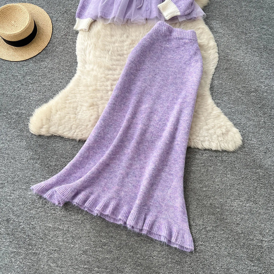 Elegant Knit Patchwork Two Pieces Sets Chic Vintage Cardigan High Waist Mesh Mermaid Skirt Casual Vacation Sets