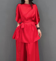 2 Piece Set Stylish Half Sleeve Blouses + With High Quality Wide Leg Long Pants