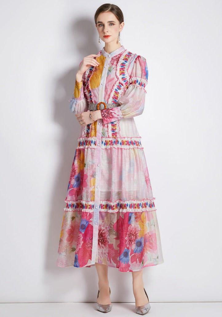 High Quality Belted Lantern Sleeve High Neck Flower Print Dress