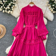 Elegant retro style slit maxi dress with pearl buttons and high-quality crochet embroidery