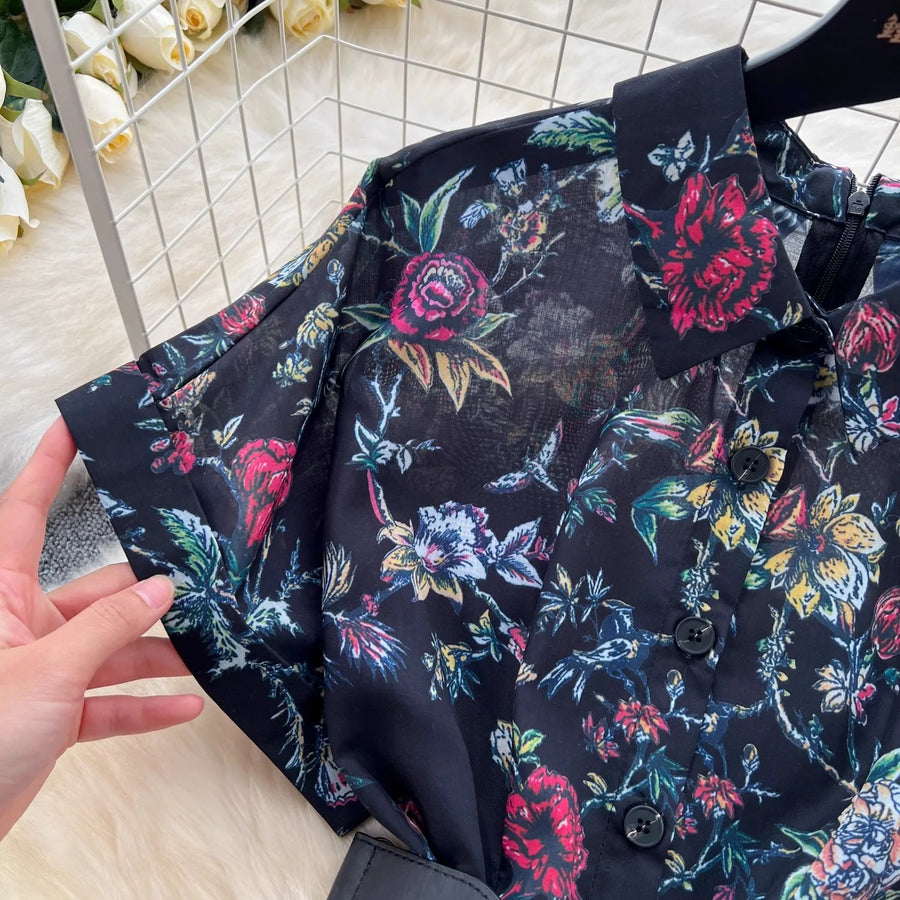 French vintage floral print lapel dress short sleeve high waist belt high quality
