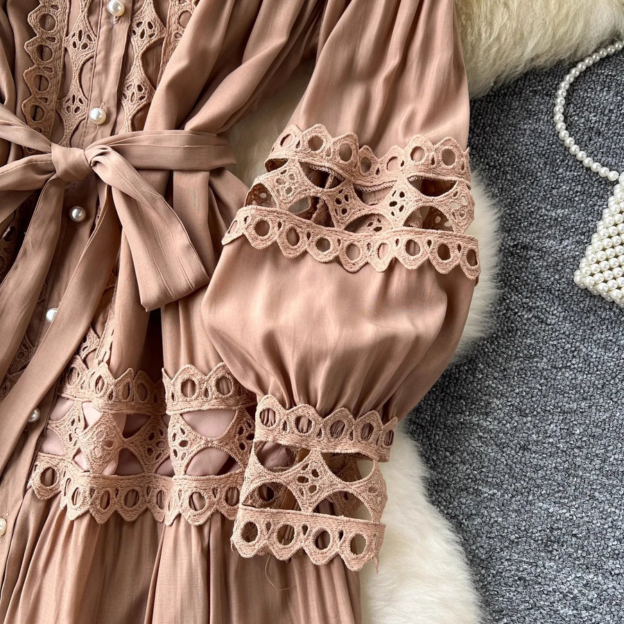 Long dress with embroidery, high neck, flared sleeves with high quality bows Black / L Long dress with embroidery, high neck, flared sleeves with high quality bows Black / L