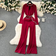 Solid Jumpsuit Chain Round Neck Long Sleeve Cropped Wide Leg Long Pants
