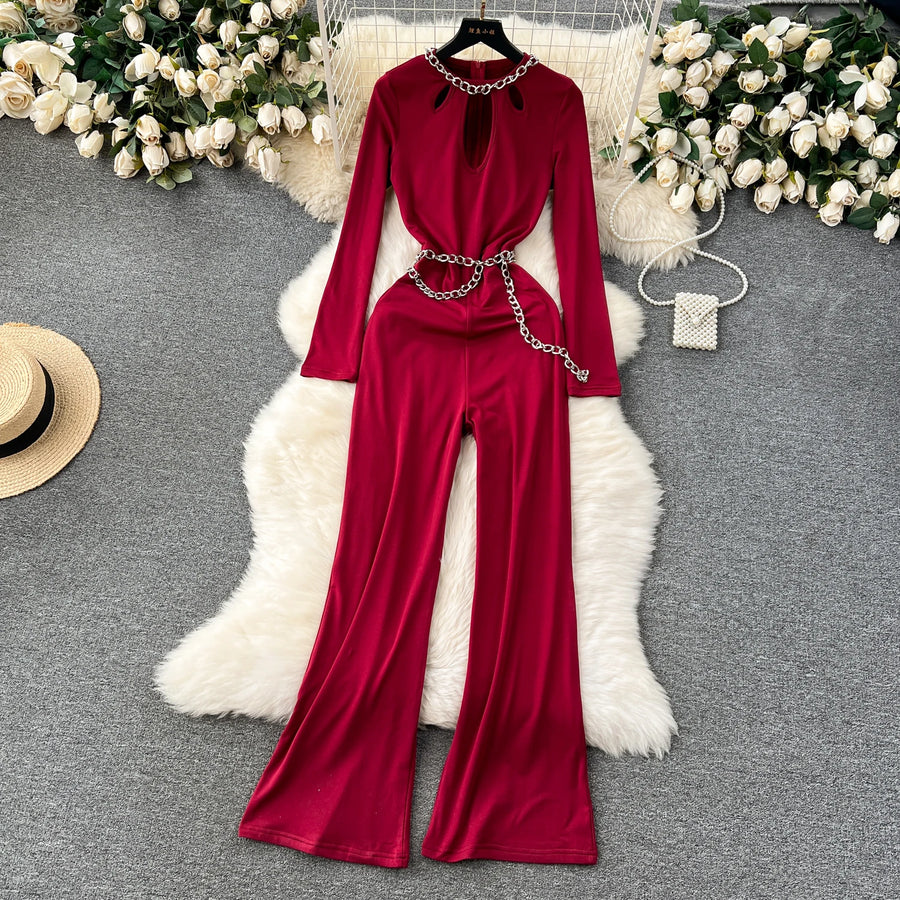 Solid Jumpsuit Chain Round Neck Long Sleeve Cropped Wide Leg Long Pants