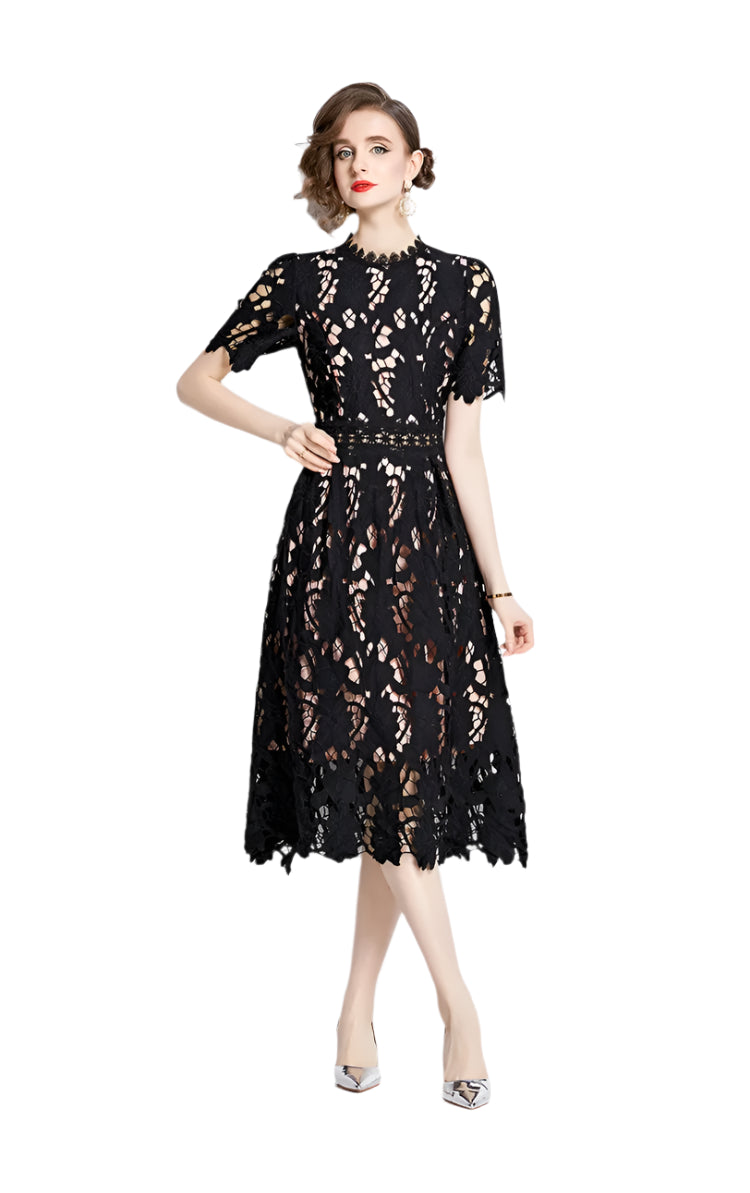 High-end embroidered lace round neck short-sleeved openwork dress