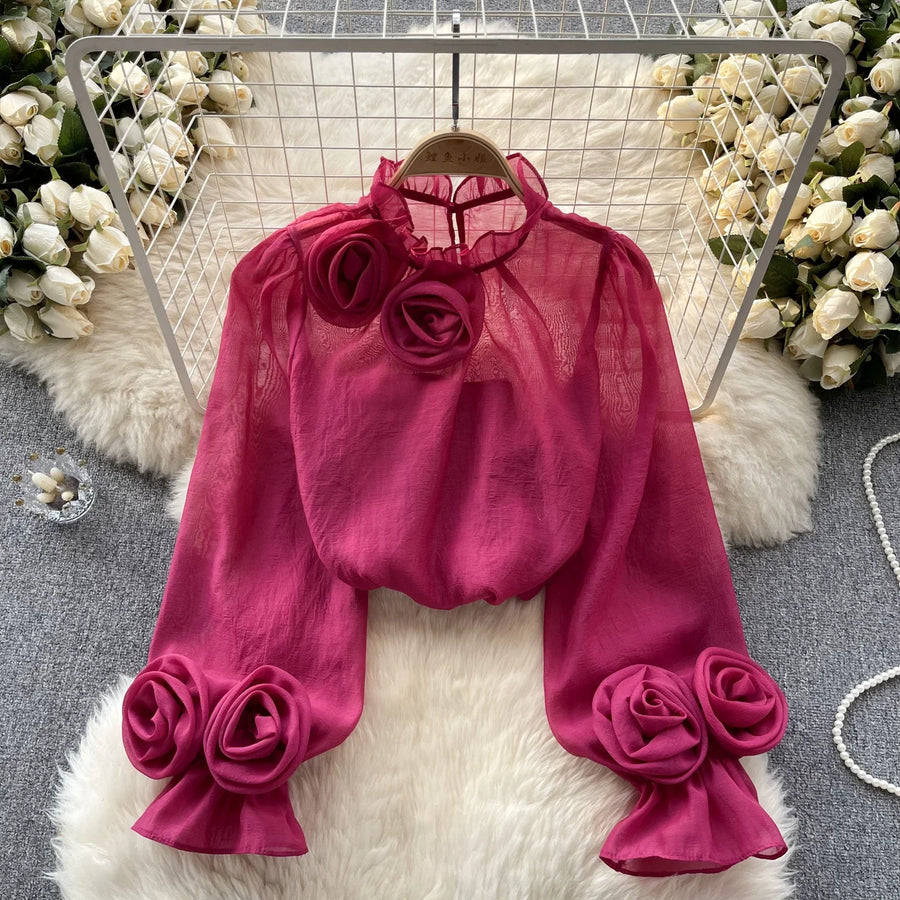 High Quality Loose Fit Fitted Lantern Sleeve Ruffled Chiffon Blouse