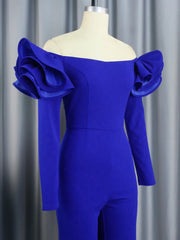 High Quality Elegant Off Shoulder Long Sleeve Wide Straight Leg Blue Jumpsuit