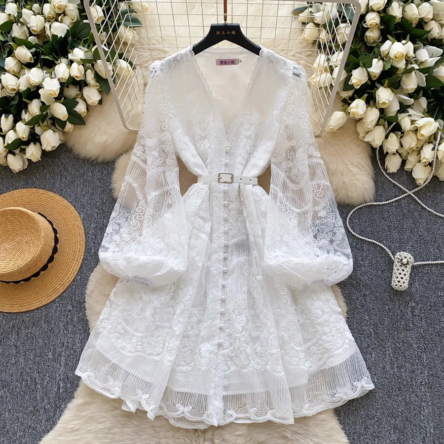 Luxury French White Lace Dress Mesh Stitching, Pearl Buttons, High Quality Belt White / XL Luxury French White Lace Dress Mesh Stitching, Pearl Buttons, High Quality Belt White / XL