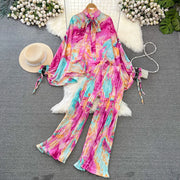 Elegant two-piece set pleated summer chiffon shirt + high-quality floral print pleated wide-leg pants
