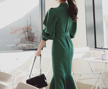 High Quality Bow Waist Puff Sleeve Solid Color Elegant Dresses