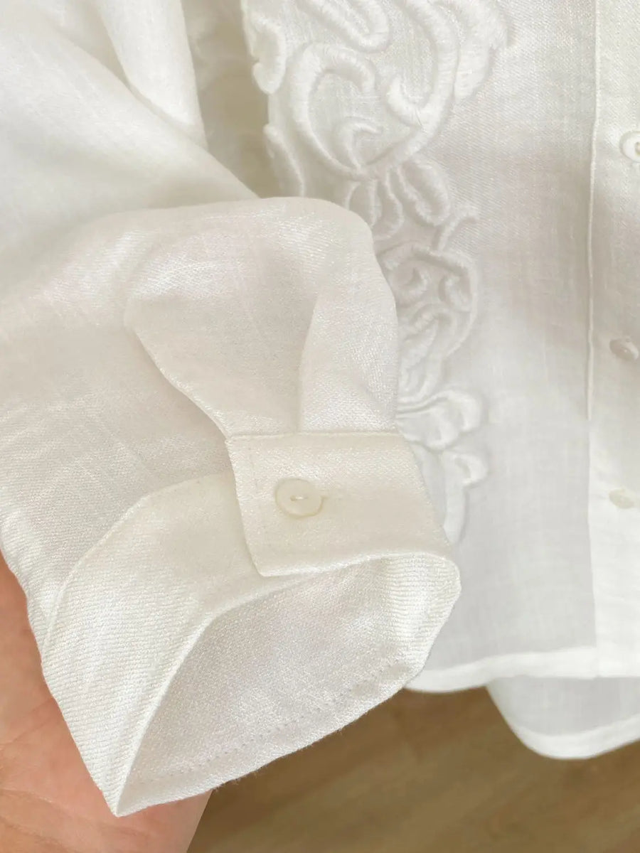 New Style Shirt Women's French Style Niche Design Embroidered Jacquard Retro Versatile White Long Sleeved Shirt