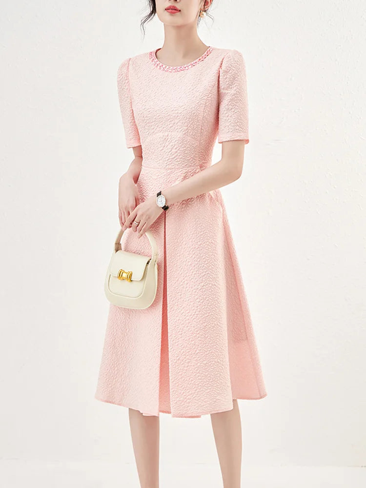 High Quality Short Sleeve Beaded Pink Jacquard Dresses