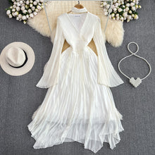 White French Elegant Flared Long Sleeve V Neck A Line High Quality Maxi Dress