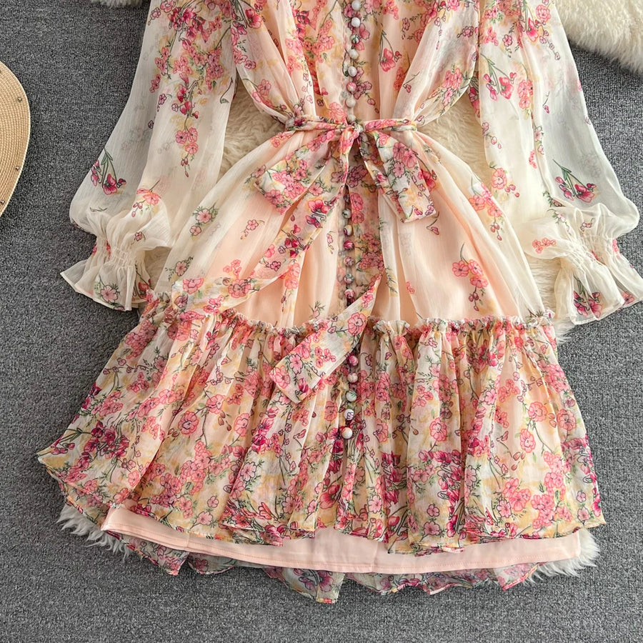 High Quality Long Sleeve Lace Up Bohemian Print Elegant Dress