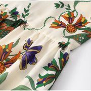 High Quality Single Breasted Long Flare Sleeve Loose Flower Print Pleated Mini Dress