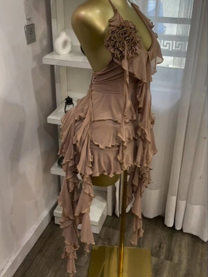 High-quality halterneck, backless, tiered ruffle mini dress