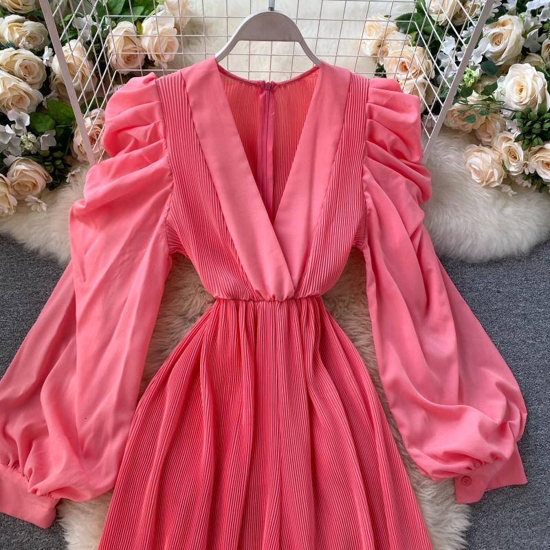 High Quality Lantern Sleeve Stretch Chiffon Wide Leg Deep V Neck Sexy Pleated Long Jumpsuit