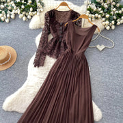 Lace Ruffle Camis Midi Dress Two Pieces Sets V Neck Top  Vintage   Tulle Pleated  Skirt   High Waist A-line Skirt Fall Sets