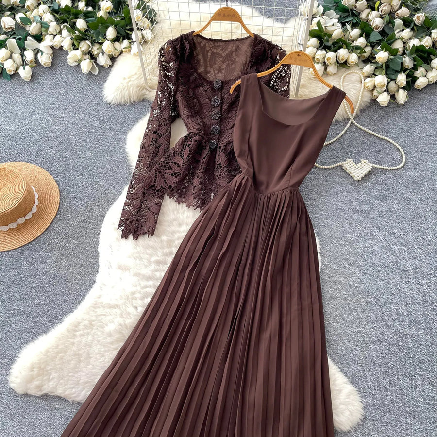 Lace Ruffle Camis Midi Dress Two Pieces Sets V Neck Top  Vintage   Tulle Pleated  Skirt   High Waist A-line Skirt Fall Sets