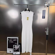 Solid Spliced Hollow Out Long Knitting Dress for Women O Neck Sleeveless High Waist Patchwork Metal Buckle Dresses Female
