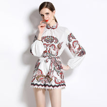 Paisley Flower Print 2 Piece Suit Stand Collar Loose Fit Shirt + Lace Trim Shorts High Quality