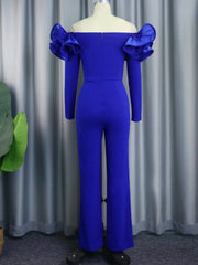 High Quality Elegant Off Shoulder Long Sleeve Wide Straight Leg Blue Jumpsuit