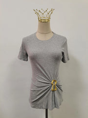 Casual plain pleated patchwork round neck short sleeve t-shirts with spliced metal buckle