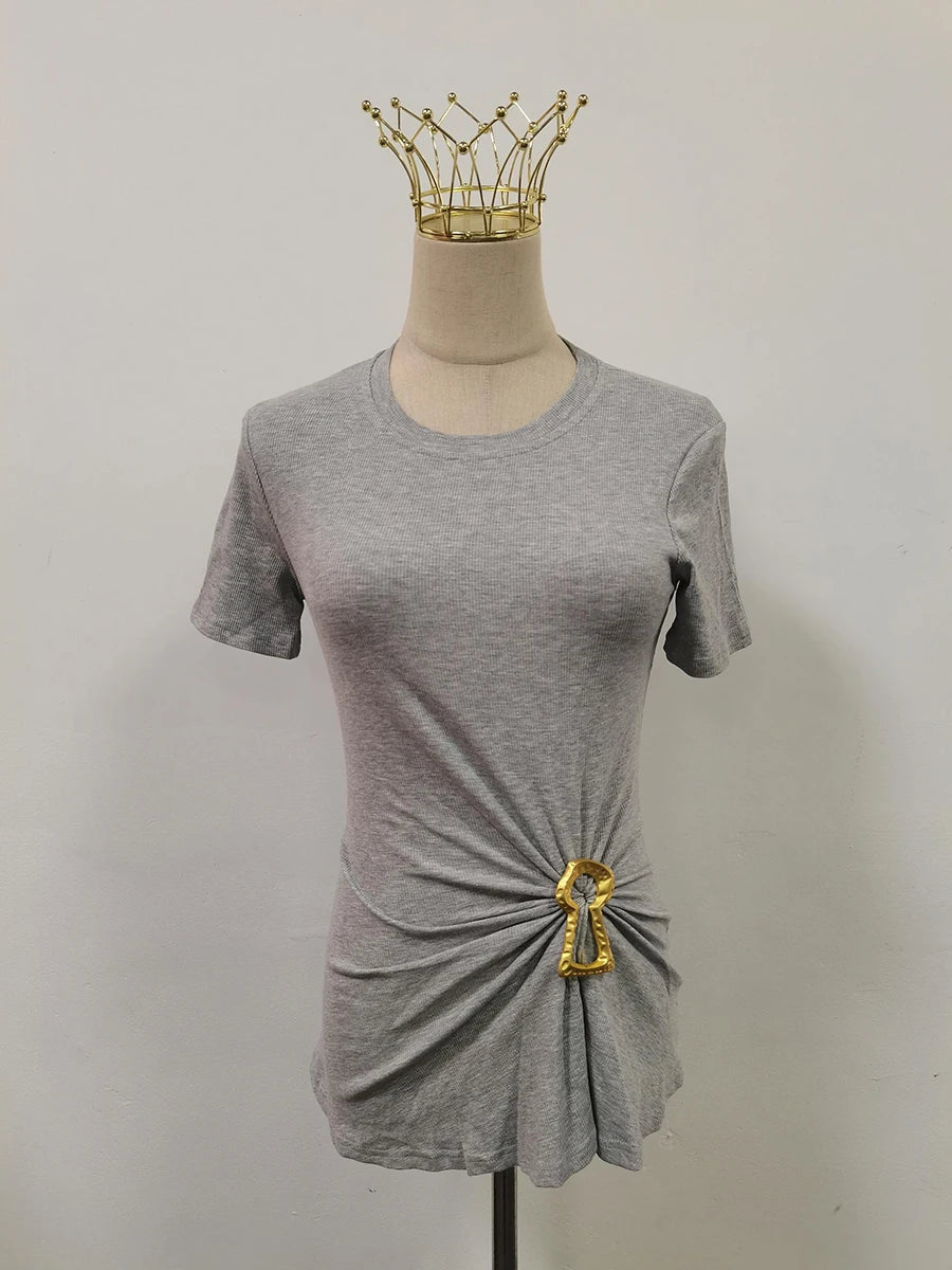 Casual plain pleated patchwork round neck short sleeve t-shirts with spliced metal buckle