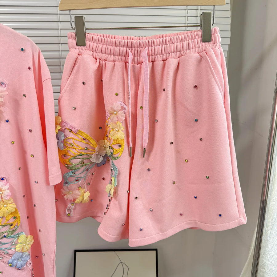 Fashion Butterfly Floral Beading Women's Set T-shirt and Shorts  Summer Active Two 2 Piece Sets Outfit Tracksuit