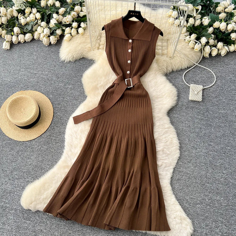 SINGREINY 1950s Ribbed Knit Dress Sleeveless Lapel Belt French Ins Chic Spring Summer Celebrity Style Feminine A-line Long Dress