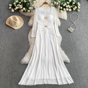 Celebrities Metal Buckle Square Collar with Chest Pad Dress Women's High-end Lace Splicing Mesh Yarn Streamer Elegant Long Dress