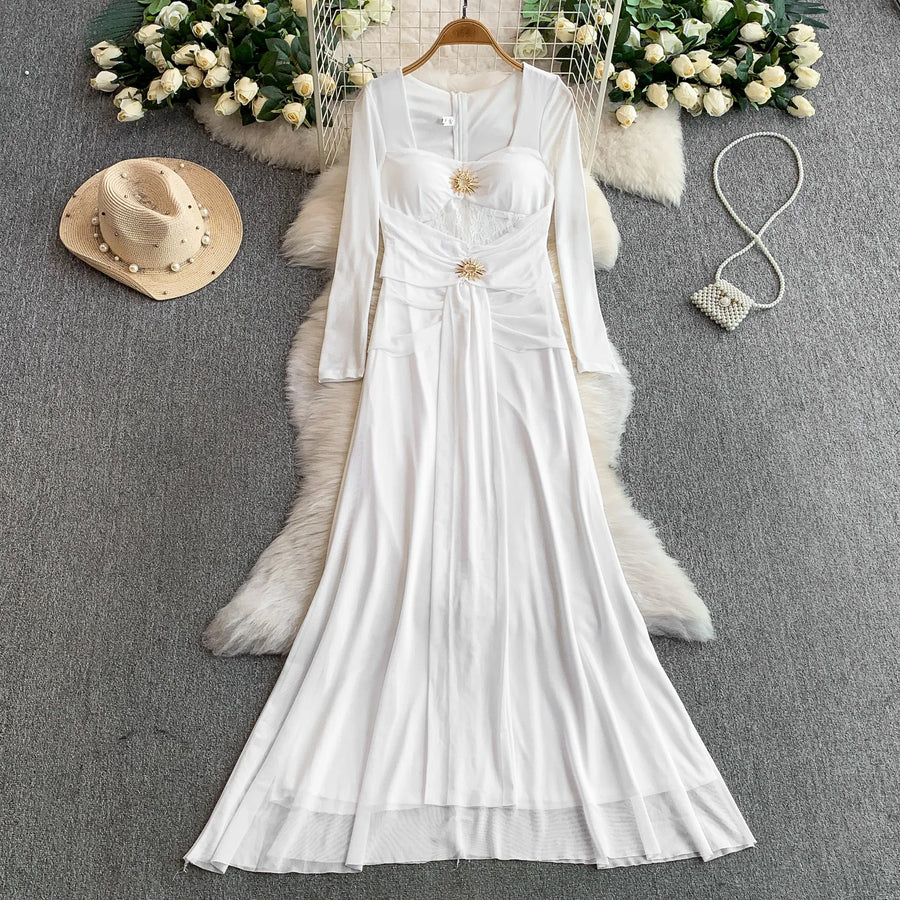Celebrities Metal Buckle Square Collar with Chest Pad Dress Women's High-end Lace Splicing Mesh Yarn Streamer Elegant Long Dress