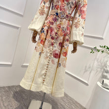 Beige linen midi dress with floral print vintage long flared sleeve with buttons at waist and belt high quality