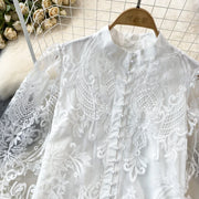 Lantern Long Sleeve Vintage Lace Blouse Women Stand-up Collar Buttons Simple Lace Shirt Elegant Loose See Through Top 29918