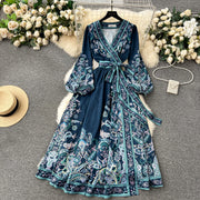 High quality vintage floral prints V-neck elegant long dress