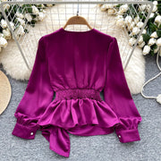 Basic long sleeve V-neck blouse, vintage asymmetrical style, beaded embroidered, high-quality pleated