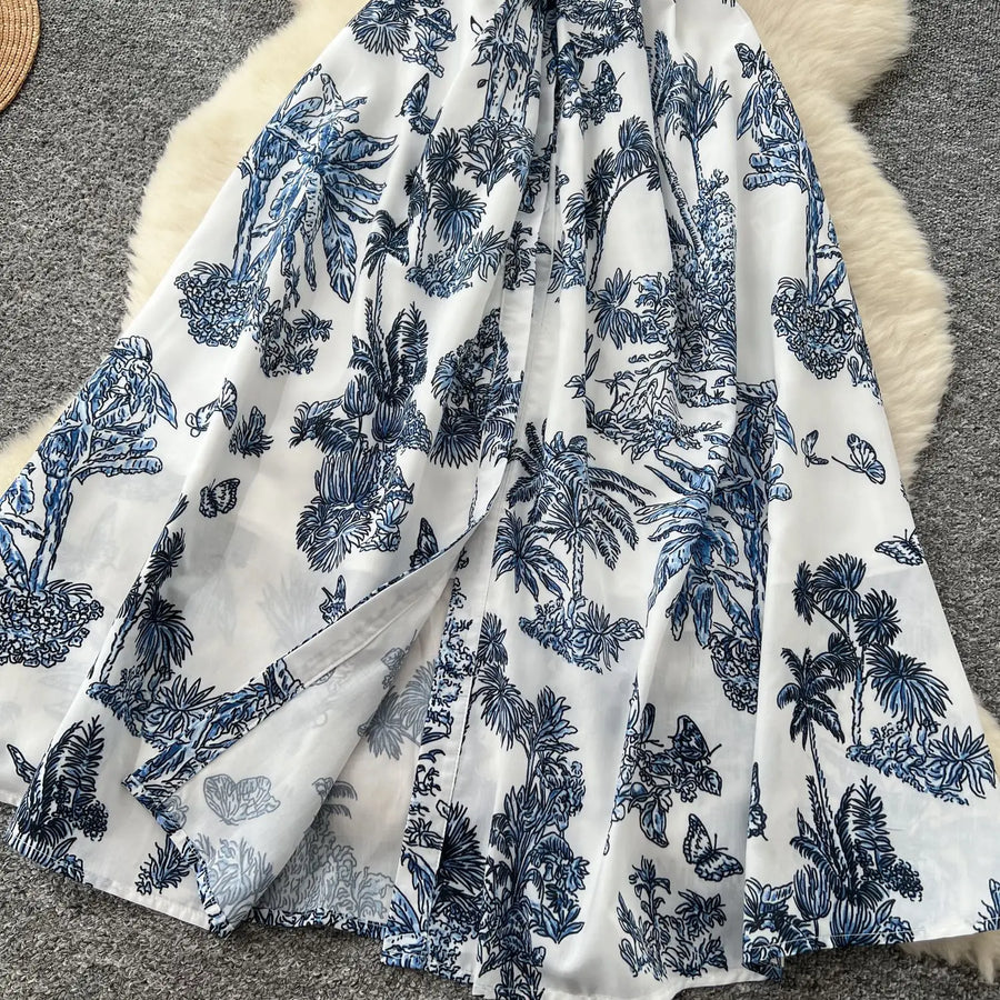 Dress Women Long Dresses High Waist Vestidos Polo Collar Short Sleeve Elegant Splice Y2k Streetwear Work Party Night Print