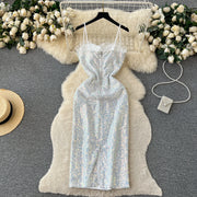 Chic Sequin Backless Slip Dress Sleeveless Korean Fashion Vestidos Women Vintage Summer Hip Wrap Dress