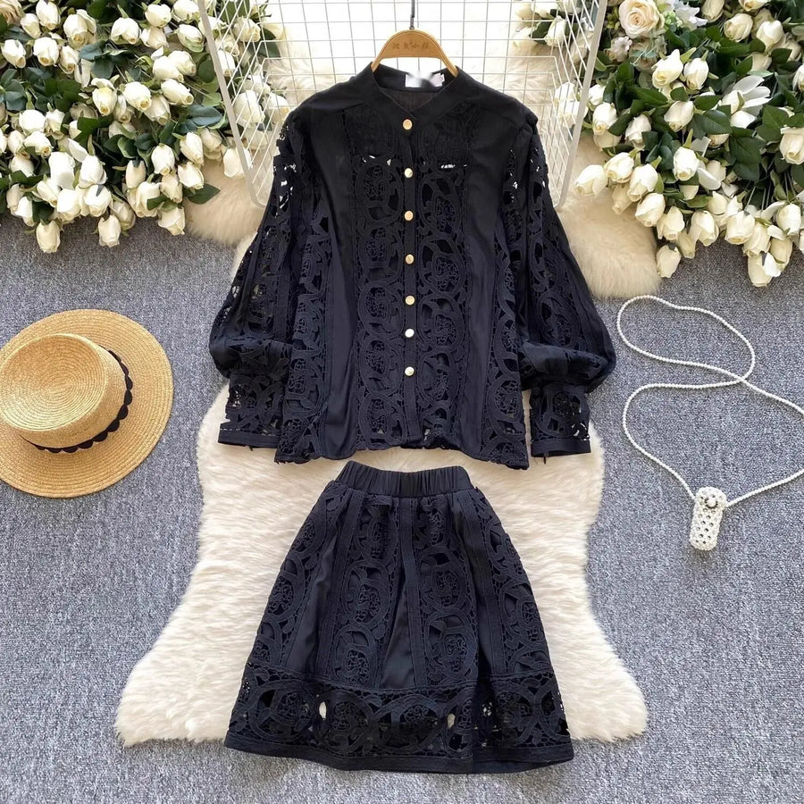 Summer Embroidery Maxi Dress Two Piece Set Women Blue Hollow Lace Long Sleeve Blouse Shirts 3pcs Sets Elastic Waist Skirts Suits