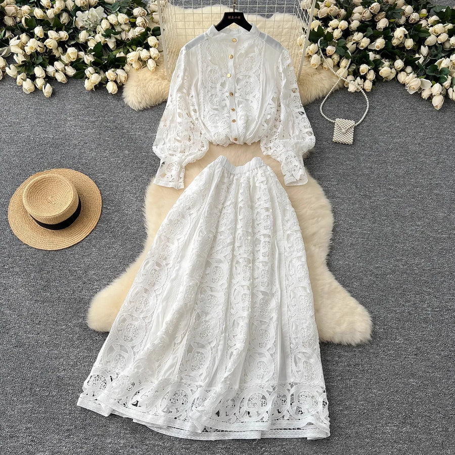 Summer Embroidery Maxi Dress Two Piece Set Women Blue Hollow Lace Long Sleeve Blouse Shirts 3pcs Sets Elastic Waist Skirts Suits
