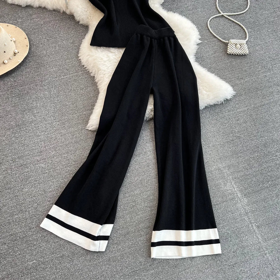 Pant Set Women Two Piece Sets Matching Sets Sleeveless Knitted Slim Fit Tops Wide Leg Long Pants High Elastic Waist Casual