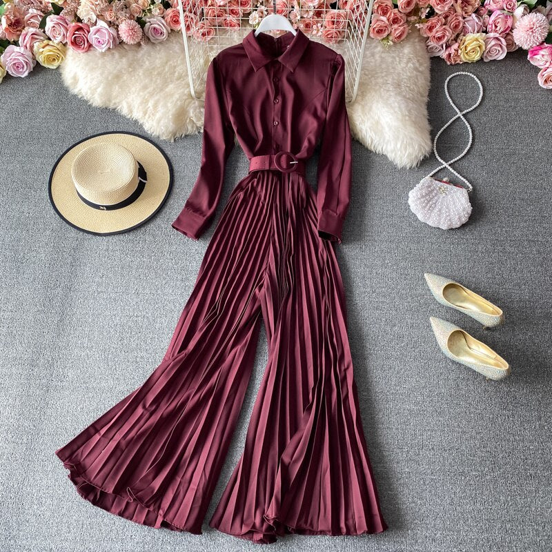 High Quality Long Sleeve High Waist Lace Up Pleated Vintage Jumpsuit