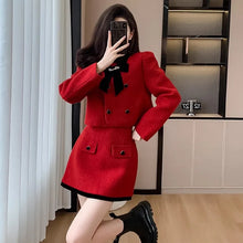 New Elegant Red Short Mini Bodycon Suit Skirt Double-breasted Bow Coat 2 Pieces Suits