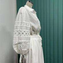 Lantern-sleeved long-sleeved shirt + elastic waist lace splicing hollow-out skirt skirt suit