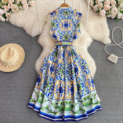 High Quality Flower Print Belted Turn-down Collar Sleeveless One-Breasted Flare Dress