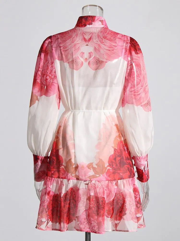 Floral Print Hit Color Dress For Women Stand Collar Lantern Sleeve High Waist Spliced Lace Up Tunic Mini Dresses Female New