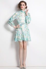 High Quality Belted Hollow Out Button Down Embroidered Long Sleeve Dress